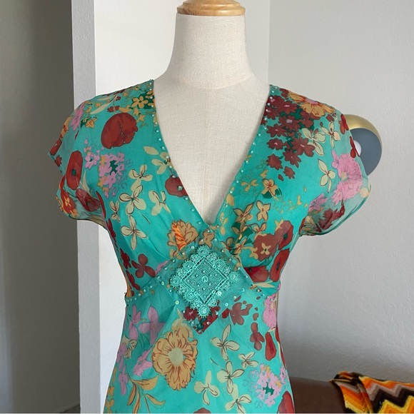 Vintage 1990s Y2K iCe Boho Fairy Floral SIlk Beaded Maxi Dress - Picture 4 of 12